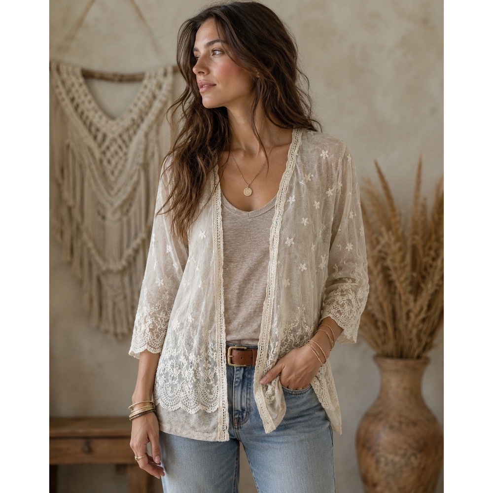Maurices Cardigan Women's 1X  Beige Embroidered Lace Boho Festival Feminine